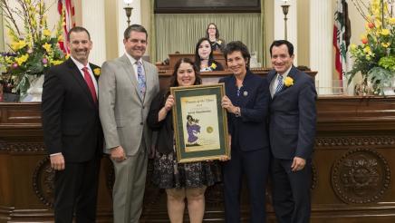 Assemblymember Wood and AD 02 Woman of the Year, Jenny Chamberlain with Speaker Rendon, Assemblymember Eggman, and Assemblymember Brian Dahle